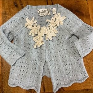 Anthropologie Field Flower Soft Blue Wool Blend Sweater w/ Ivory Flowers, Small